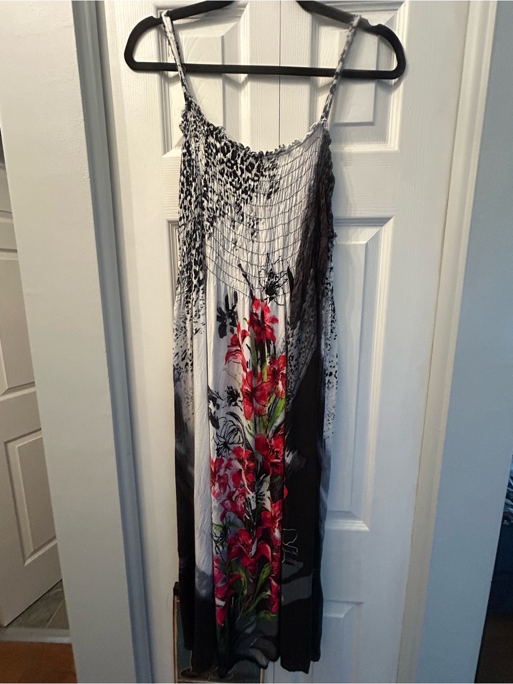 Just Love Black and White Dress with Red and Green Floral Detail